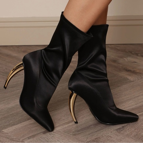 Pointed Toe Curved Gold Heel Silky Sock Booties - Size 7.5 - Picture 10 of 15